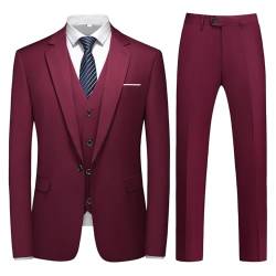 KUDMOL Herren 3-Stücke Anzug Business EIN Knopf Smoking Anzug für Männer Smoking Klassische Blazer Weste Hosen Set(Weinrot,L) von KUDMOL