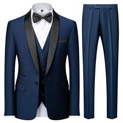 KUDMOL Herren 3 Stücke Anzug Slim Fit EIN Knopf Schal Revers für Hochzeit Prom Blazer Weste Hosen Set(Dunkelblau,S) von KUDMOL