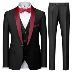 KUDMOL Herren 3 Stücke Anzug Slim Fit EIN Knopf Schal Revers für Hochzeit Prom Blazer Weste Hosen Set(Rot,3XL) von KUDMOL