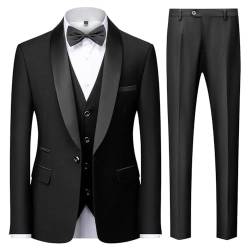 KUDMOL Herren 3 Stücke Anzug Slim Fit EIN Knopf Schal Revers für Hochzeit Prom Blazer Weste Hosen Set(Schwarz,2XL) von KUDMOL