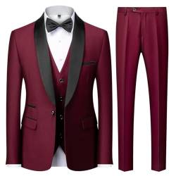 KUDMOL Herren 3 Stücke Anzug Slim Fit EIN Knopf Schal Revers für Hochzeit Prom Blazer Weste Hosen Set(WeinRot,S) von KUDMOL