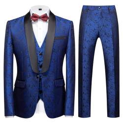 KUDORO Herren Anzüge 3-Teilig Slim Fit Paisley für Hochzeit Party Eine Knöpfe Jacquard Smoking Herrenanzug Sakko Weste Hose(Blau,XL) von KUDORO