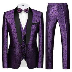 KUDORO Herren Anzüge 3-Teilig Slim Fit Paisley für Hochzeit Party Eine Knöpfe Jacquard Smoking Herrenanzug Sakko Weste Hose(Lila,XXL) von KUDORO