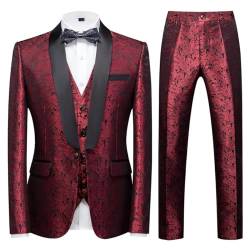 KUDORO Herren Anzüge 3-Teilig Slim Fit Paisley für Hochzeit Party Eine Knöpfe Jacquard Smoking Herrenanzug Sakko Weste Hose(Rot,M) von KUDORO