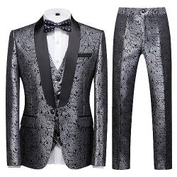 KUDORO Herren Anzüge 3-Teilig Slim Fit Paisley für Hochzeit Party Eine Knöpfe Jacquard Smoking Herrenanzug Sakko Weste Hose(Silber,L) von KUDORO