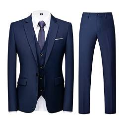 KUDORO Herren Anzüge 3-teilig Slim Fit Eine Knöpfe für Hochzeit Business Herrenanzug Sakko Weste Hose(Blau,L) von KUDORO