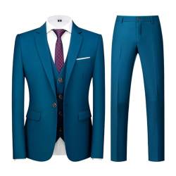 KUDORO Herren Anzüge 3-teilig Slim Fit Eine Knöpfe für Hochzeit Business Herrenanzug Sakko Weste Hose(Blauer See,XXL) von KUDORO