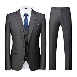 KUDORO Herren Anzüge 3-teilig Slim Fit Eine Knöpfe für Hochzeit Business Herrenanzug Sakko Weste Hose(Dunkelgrau,L) von KUDORO