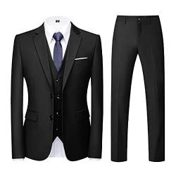 KUDORO Herren Anzüge 3-teilig Slim Fit Einreihig Zwei Knöpfe für Hochzeit Business Anzug Herren Formell Sakko Weste Hose(Schwarz,S) von KUDORO