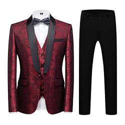 KUDORO Herren Anzüge Slim Fit 3-Teilig Paisley für Hochzeit Business Party Eine Knöpfe Jacquard Smoking Herrenanzug Sakko Weste Hose(Rot,L) von KUDORO