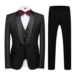 KUDORO Herren Anzüge Slim Fit 3-Teilig Paisley für Hochzeit Business Party Eine Knöpfe Jacquard Smoking Herrenanzug Sakko Weste Hose(Schwarz,M) von KUDORO