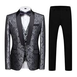 KUDORO Herren Anzüge Slim Fit 3-Teilig Paisley für Hochzeit Business Party Eine Knöpfe Jacquard Smoking Herrenanzug Sakko Weste Hose(Silber,S) von KUDORO