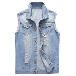 KUDORO Herren Denim Weste Zerrissen Jeansweste Ärmellose Biker Casual Freizeitweste(L,Hellblau) von KUDORO