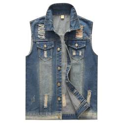 KUDORO Herren Denim Weste Zerrissen Jeansweste Ärmellose Biker Casual Freizeitweste(S,Blau) von KUDORO