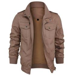 KUDORO Herren Übergangsjacke Militär Jacke Leicht Winterjacke Herbstjacke Stehkragen Fliegerjacke Baumwolle Blouson BomberJacke Armeejacke US Feldjacke Multi Taschen(Kaki,L) von KUDORO