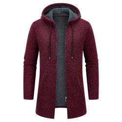 KUDORO Strickjacke Herren Cardigan Lang Trachtenjacke Kapuze mit Kapuze Gestrickt Pullover Hoodie Wintermantel Winterjacke Fleecejacke Sweatjacke Feinstrick(Weinrot1,XS) von KUDORO