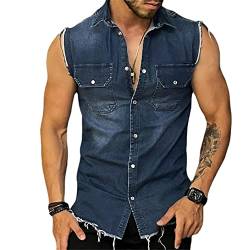 Tank Shirt Herren Sommer T-Shirt Herren Ärmellos Jeanshemd Herren Tank Top Herren Knopfleiste Unterhemd Herren Revers Taschendekoration A-Blue M von KUGO