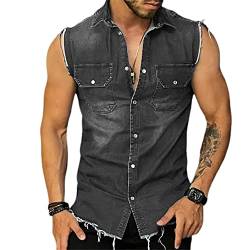 Tank Shirt Herren Sommer T-Shirt Herren Ärmellos Jeanshemd Herren Tank Top Herren Knopfleiste Unterhemd Herren Revers Taschendekoration B-Black XL von KUGO