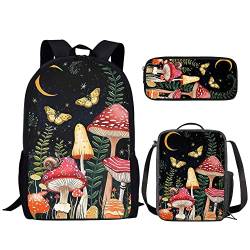 KUIFORTI Kinder-Schulrucksack-Set, 3-teiliges Schulranzen-Set mit Lunch-Tasche, Stifteetui, Jungen, Mädchen, Büchertasche, Schmetterlingspilz, Schulranzen-Set von KUIFORTI