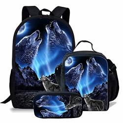 KUIFORTI Rucksack Set 3-in-1 Kinder Schultasche, Lunch-Tasche, Federmäppchen Geschenk für Teenager, Jungen und Mädchen, Blauer Galaxiewolf., Einheitsgröße, Schulrucksack von KUIFORTI