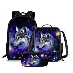 KUIFORTI Rucksack Set 3-in-1 Kinder Schultasche, Lunch-Tasche, Federmäppchen Geschenk für Teenager, Jungen und Mädchen, Galaxy Wolf, Einheitsgröße, Schulrucksack von KUIFORTI