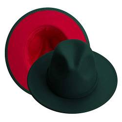 Phadora Brim Fedora Hüte für Damen/Herren, breite Krempe Hüte unter roter Unterseite mit Filzband, Vintage Rancher Hut, Dunkelgrün & Rot-2, S/M von KUJUHA