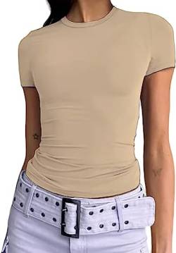 Damen Basic T-Shirts Kurzarm Crop Top Casual Y2K Rundhalsausschnitt Tops Slim Fit Tshirts(Apricot-1, M) von KUKEYIEE