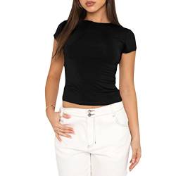 Damen Basic T-Shirts Kurzarm Crop Top Casual Y2K Rundhalsausschnitt Tops Slim Fit Tshirts(Black-1, L) von KUKEYIEE