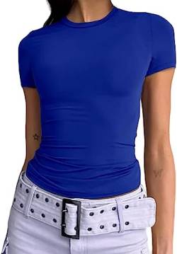 Damen Basic T-Shirts Kurzarm Crop Top Casual Y2K Rundhalsausschnitt Tops Slim Fit Tshirts(Blue-1, L) von KUKEYIEE