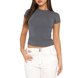 Damen Basic T-Shirts Kurzarm Crop Top Casual Y2K Rundhalsausschnitt Tops Slim Fit Tshirts(Gray-1, L) von KUKEYIEE