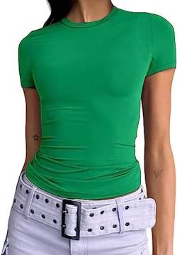 Damen Basic T-Shirts Kurzarm Crop Top Casual Y2K Rundhalsausschnitt Tops Slim Fit Tshirts(Green-12, M) von KUKEYIEE