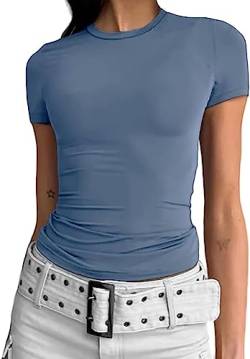 Damen Basic T-Shirts Kurzarm Crop Top Casual Y2K Rundhalsausschnitt Tops Slim Fit Tshirts(Light Blue-1, L) von KUKEYIEE
