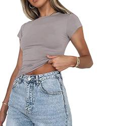Damen Basic T-Shirts Kurzarm Crop Top Casual Y2K Rundhalsausschnitt Tops Slim Fit Tshirts(Light Gray-1, L) von KUKEYIEE