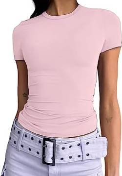 Damen Basic T-Shirts Kurzarm Crop Top Casual Y2K Rundhalsausschnitt Tops Slim Fit Tshirts(Light Pink-1, L) von KUKEYIEE