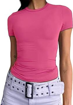 Damen Basic T-Shirts Kurzarm Crop Top Casual Y2K Rundhalsausschnitt Tops Slim Fit Tshirts(Pink-1, L) von KUKEYIEE