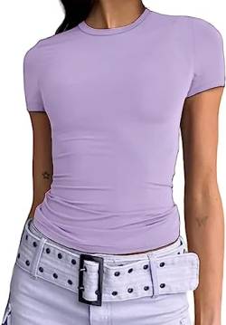 Damen Basic T-Shirts Kurzarm Crop Top Casual Y2K Rundhalsausschnitt Tops Slim Fit Tshirts(Purple-1, M) von KUKEYIEE