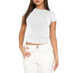 Damen Basic T-Shirts Kurzarm Crop Top Casual Y2K Rundhalsausschnitt Tops Slim Fit Tshirts(White-1, L) von KUKEYIEE