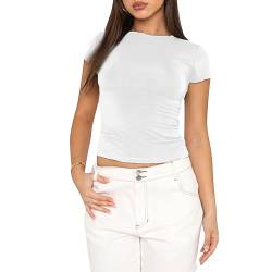 Damen Basic T-Shirts Kurzarm Crop Top Casual Y2K Rundhalsausschnitt Tops Slim Fit Tshirts(White-1, M) von KUKEYIEE