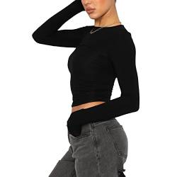 Damen Bluse Y2K Crop Tops Rundhals Slim Fit Top Lässige Basic Langarmshirts T-Shirt(Schwarz-e,L) von KUKEYIEE