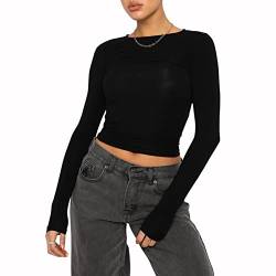 Damen Casual Crop Tops Slim Fit Top Rundhalsausschnitt Langarm Tight T-Shirt Basic Bluse Tee Tops(Schwarz-c,M) von KUKEYIEE