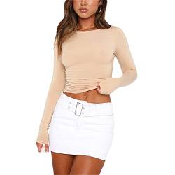 Damen Langarmshirts Y2K Crop Tops Rundhals Slim Fit Top T-Shirt Lässige Streetwear(Apricot-a, M) von KUKEYIEE