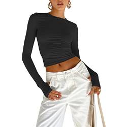 Damen Langarmshirts Y2K Crop Tops Rundhals Slim Fit Top T-Shirt Lässige Streetwear(Black-b, L) von KUKEYIEE