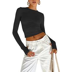 Damen Langarmshirts Y2K Crop Tops Rundhals Slim Fit Top T-Shirt Lässige Streetwear(Black-b, M) von KUKEYIEE