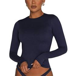 Damen Langarmshirts Y2K Crop Tops Rundhals Slim Fit Top T-Shirt Lässige Streetwear(Dark Blue-a, M) von KUKEYIEE