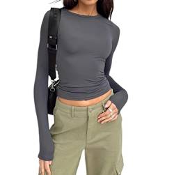 Damen Langarmshirts Y2K Crop Tops Rundhals Slim Fit Top T-Shirt Lässige Streetwear(Gray-a, M) von KUKEYIEE