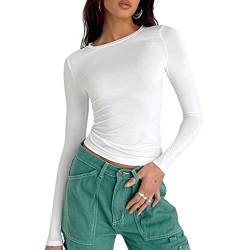 Damen Langarmshirts Y2K Crop Tops Rundhals Slim Fit Top T-Shirt Lässige Streetwear(White-a, L) von KUKEYIEE