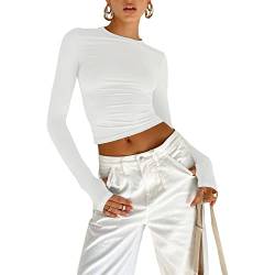 Damen Langarmshirts Y2K Crop Tops Rundhals Slim Fit Top T-Shirt Lässige Streetwear(White-b, M) von KUKEYIEE