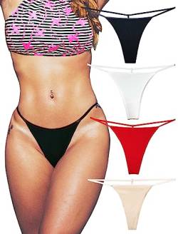 KUKU PANDA Baumwolle String Tangas für Frauen T Back G String Unterwäsche Nahtlos Panty Tangas Sexy 4er Pack Set (S/R/W/N, Large) von KUKU PANDA