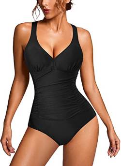 KUMAYES Damen Badeanzug Monokini Bauchweg Schlankheits Badeanzug V Ausschnitt Badebekleidung Bauchweg Bademode Swimsuit (L, Schwarz) von KUMAYES