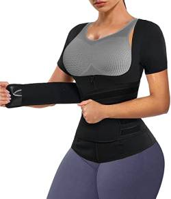 KUMAYES Neopren Sauna Weste mit Bauchweggürtel Damen Shirt Thermo Saunaanzüge Tanktop Unterbrust Fitness Body Shaper (Schwarz, XL) von KUMAYES
